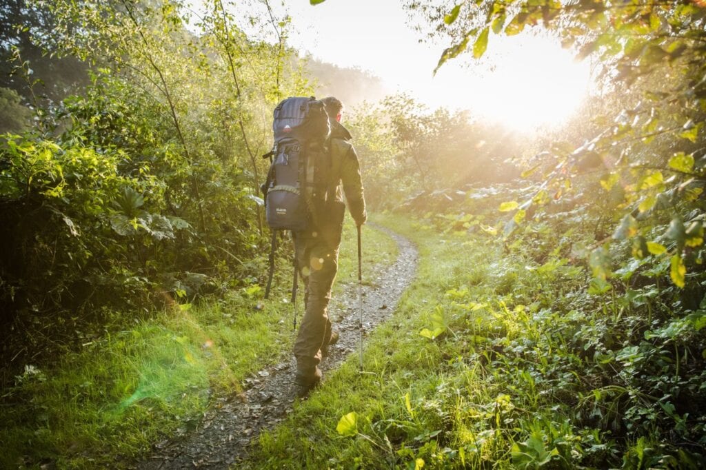Ein Mann in Outdoorkleidung und mit Rucksack wandert auf einem schmalen Pfad aus einem Wald heraus, der Hintergrund ist vom Licht der Sonne überstrahlt.