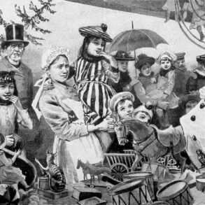 Kupferstich von vielen Menschen an einem Stand mit Spielzeug.