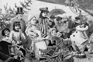 Kupferstich von vielen Menschen an einem Stand mit Spielzeug.