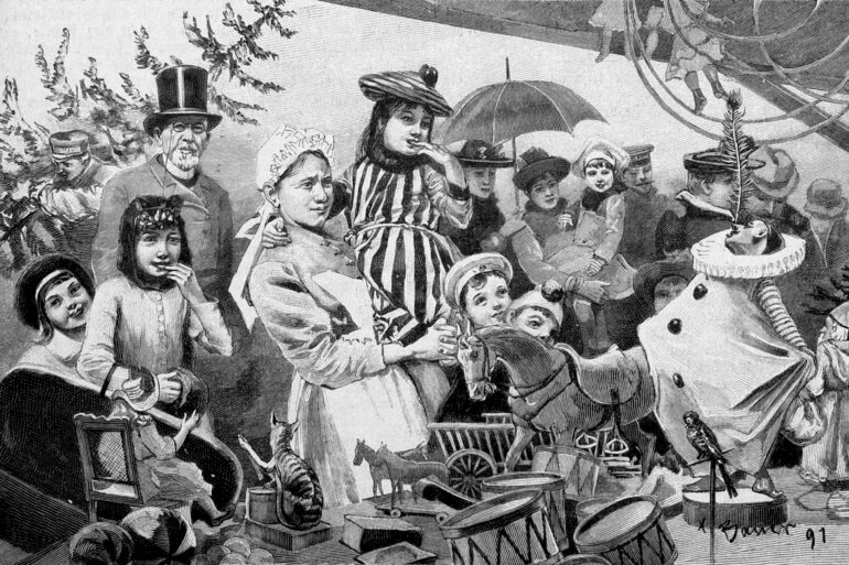 Kupferstich von vielen Menschen an einem Stand mit Spielzeug.