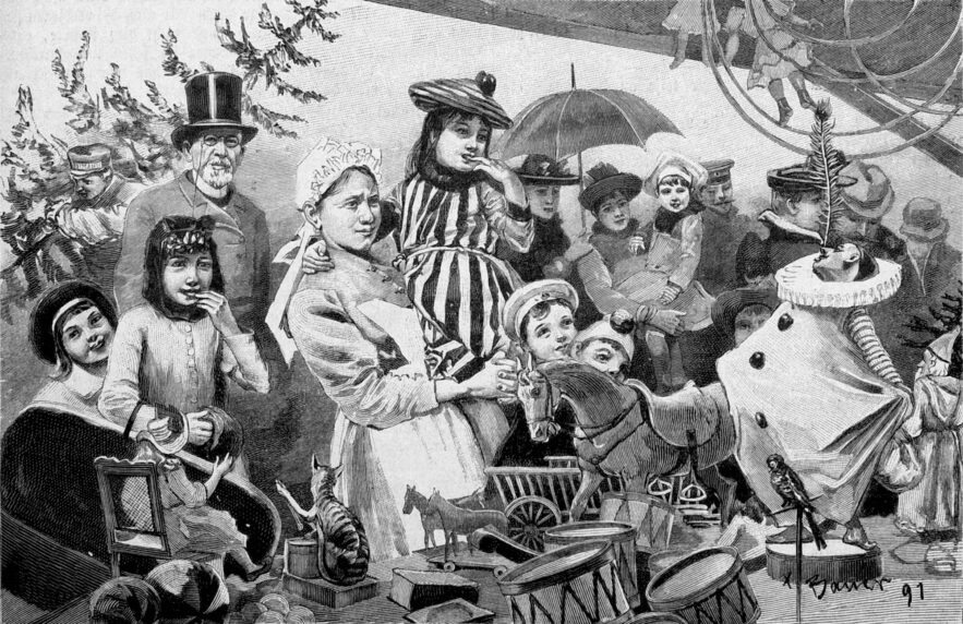 Kupferstich von vielen Menschen an einem Stand mit Spielzeug.