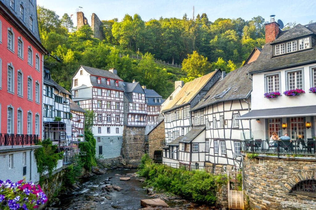 View of the Rur River flowing through Monschau in the Eifel region
