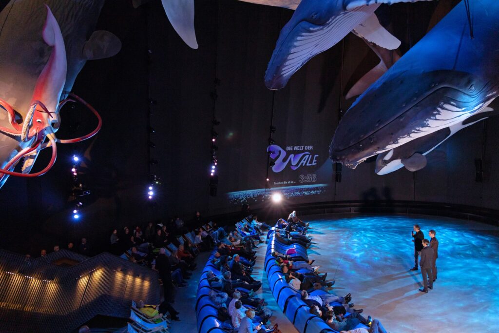 In einem halbrunden Saal hängen zwei riesige Wal-Plastiken über einer Bühne von der Decke. Die Wände umher sind mit einer blauen Lichtshow bespielt. Vor der Bühne sitzen viele Menschen im Halbkreis auf blauen Liegen. Drei Männer in Anzug und mit Mikrofon stehen auf der Bühne.