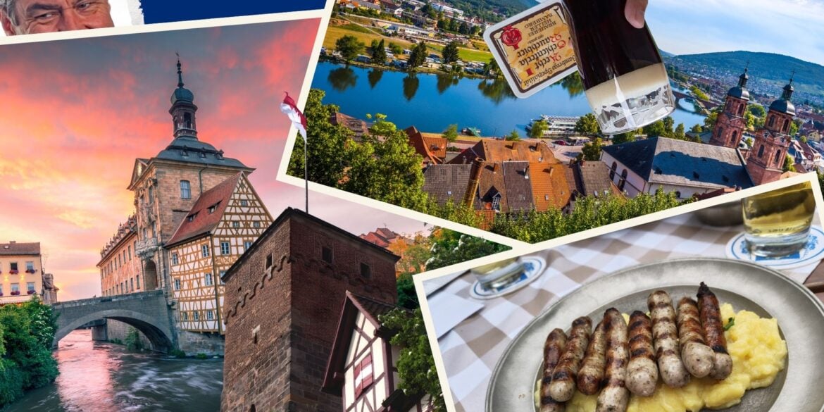 A collage of several Polaroids shows Bamberg City Hall, the Maintail near Miltenberg, a plate of Nuremberg sausages, Nuremberg Castle with the Franconian flag, and Markus Söder.