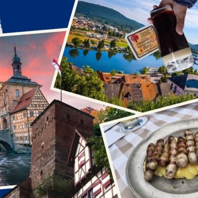 Eine Collage aus mehreren Polaroids zeigt das Rathaus in Bamberg, das Maintail bei Miltenberg, einen Teller mit Nürnberger Würsten, die Nürnberger Burg mit Frankenflagge und Markus Söder.