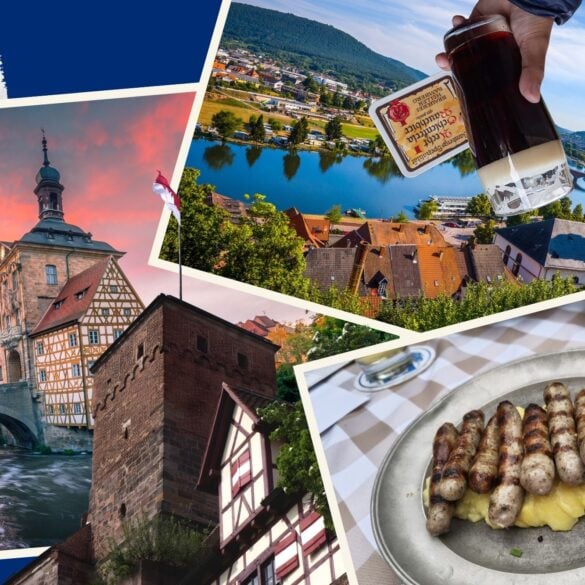 Eine Collage aus mehreren Polaroids zeigt das Rathaus in Bamberg, das Maintail bei Miltenberg, einen Teller mit Nürnberger Würsten, die Nürnberger Burg mit Frankenflagge und Markus Söder.