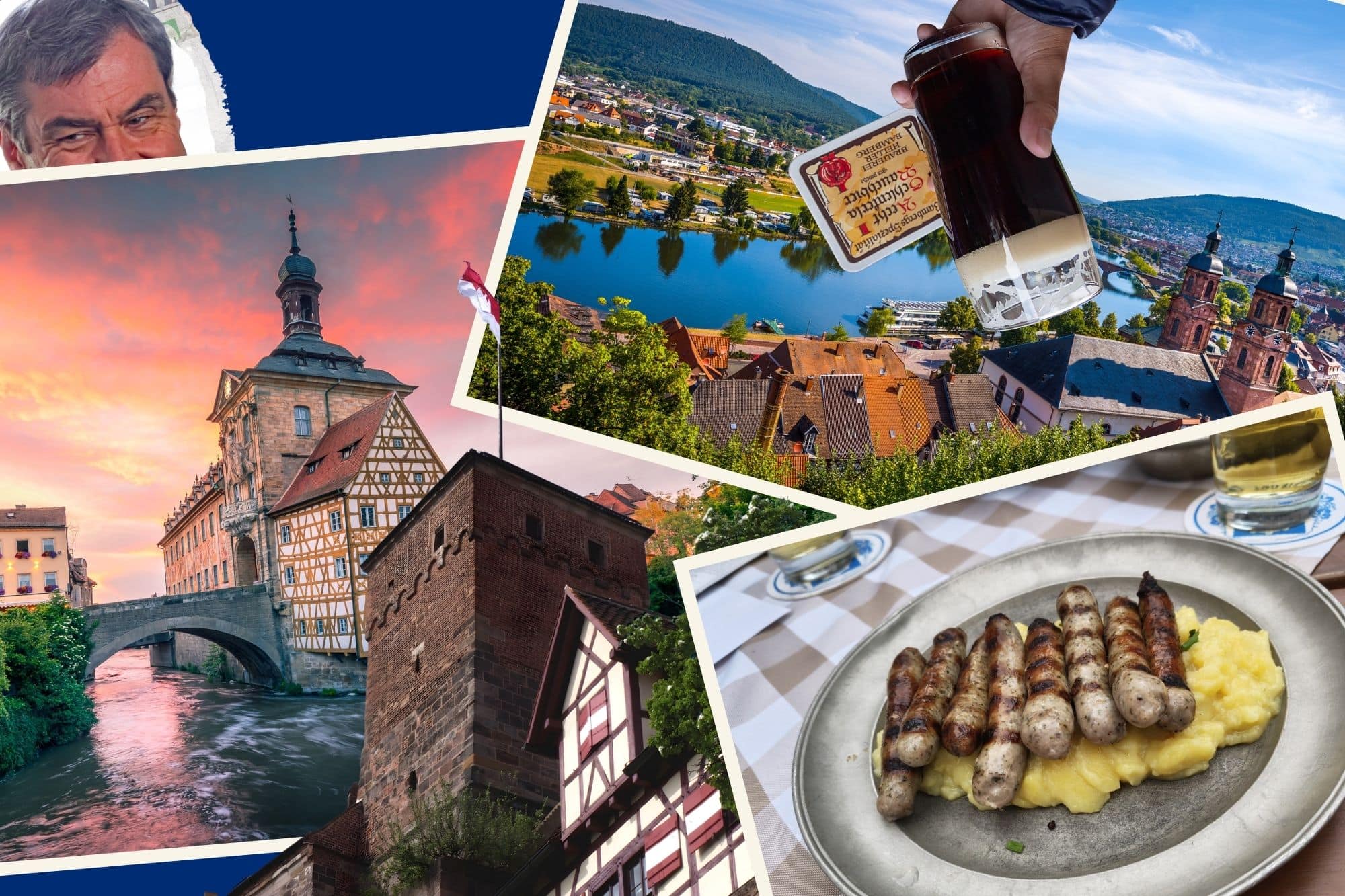 Eine Collage aus mehreren Polaroids zeigt das Rathaus in Bamberg, das Maintail bei Miltenberg, einen Teller mit Nürnberger Würsten, die Nürnberger Burg mit Frankenflagge und Markus Söder.