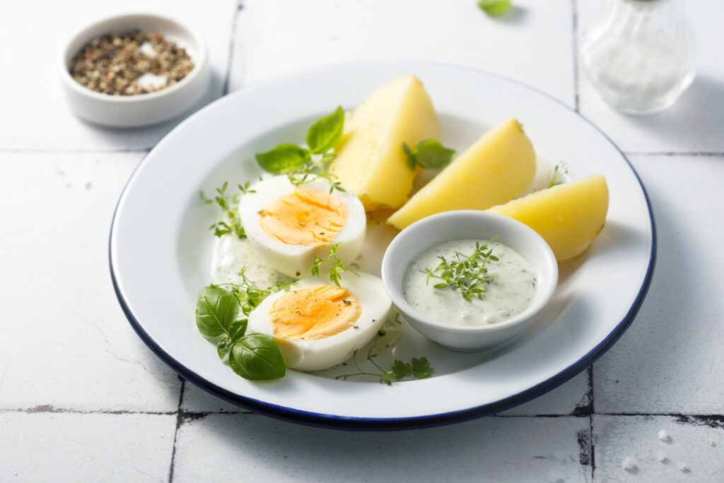 On a plate lies a halved, boiled egg and three potato wedges in Frankfurt green sauce. The plate is standing on a white tile background.