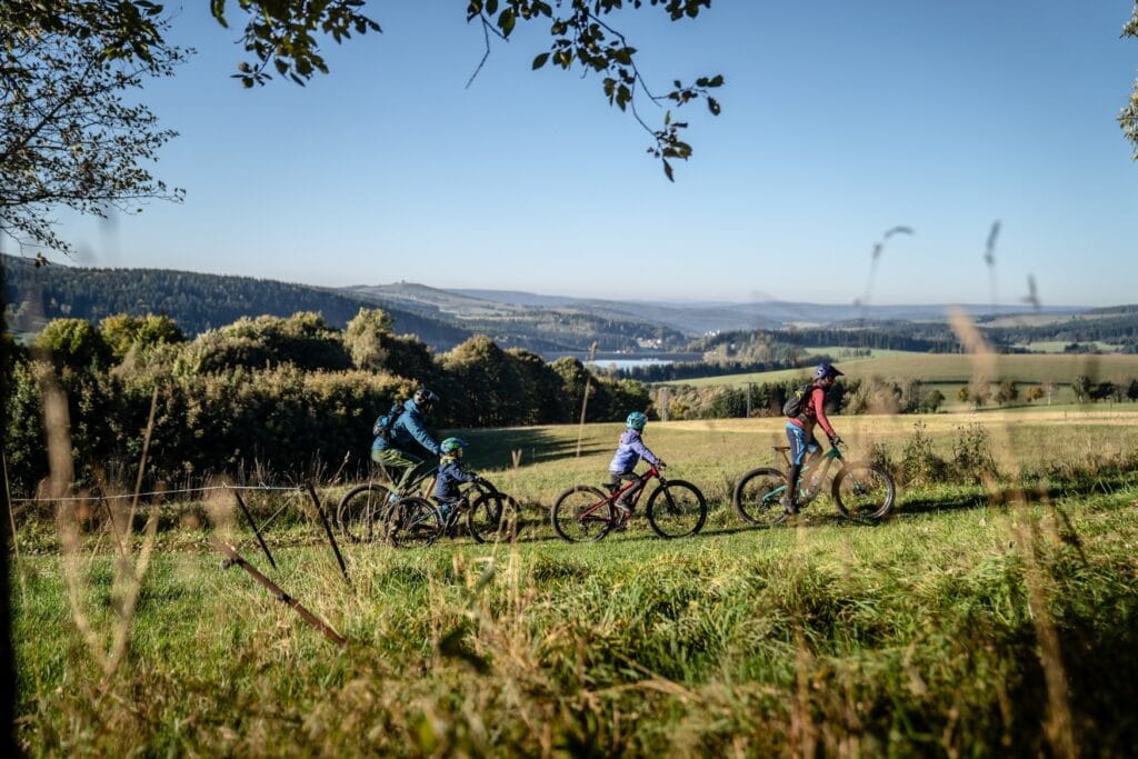 Eine Familie mit zwei Kindern auf Mountainbikes fährt von links nach rechts über einen grünen Hang. Im Hintergrund eine weite Hügellandschaft mit Waldstücken und einem zentralen See, darüber blauer Himmel.