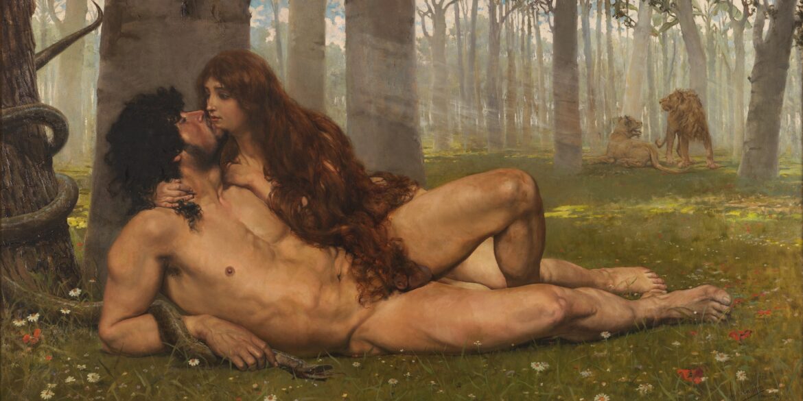 Gemälde eines jungen Mannes und einer jungen Frau, die nackt auf einer Blumenwiese in einem Wald liegen, zum Kuss ansetzend. Der Mann hält eine Schlange in der Hand. Rechts im Hintergrund sind ein Löwe und eine Löwin abgebildet.