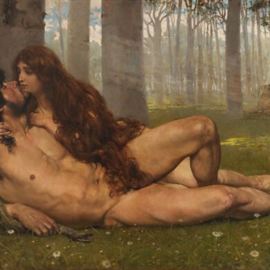 Gemälde eines jungen Mannes und einer jungen Frau, die nackt auf einer Blumenwiese in einem Wald liegen, zum Kuss ansetzend. Der Mann hält eine Schlange in der Hand. Rechts im Hintergrund sind ein Löwe und eine Löwin abgebildet.