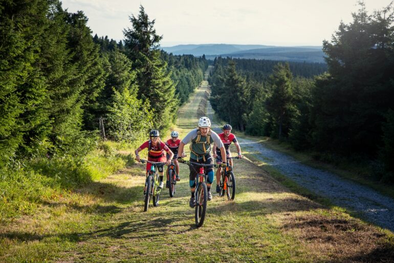 Eine Gruppe Mountainbiker fährt einen steilen Hang Richtung Betrachter, eingerahmt von dichtem Wald auf beiden Seiten der Strecke.