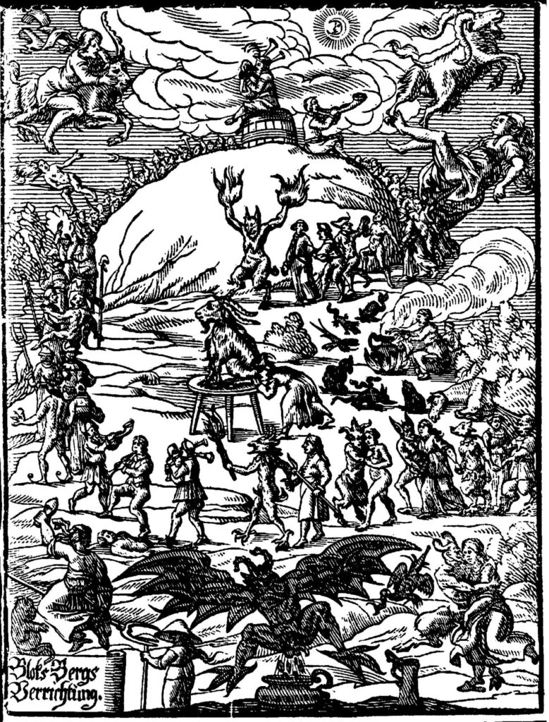 A woodcut depicts a group of women dancing around a mountain together with horned demons.