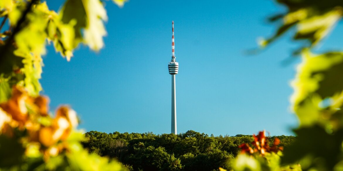 Vor einem blauen Himmel zeichnet sich der Stuttgarter Fernsehturm ab, eingerahmt von einigen grünen Blättern im Vordergrund.