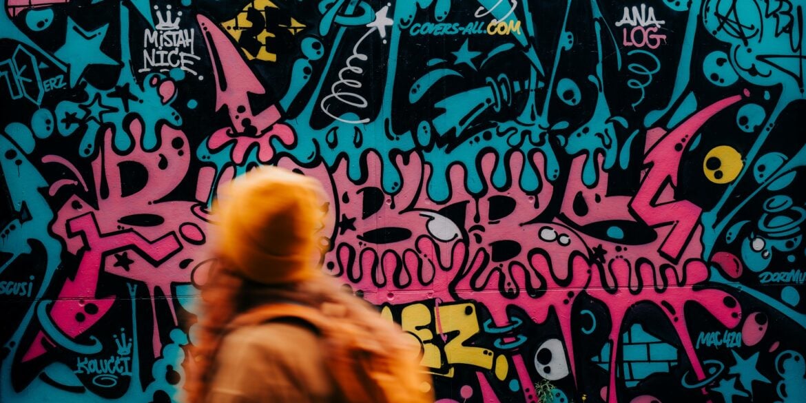 A woman wearing an orange hat and jacket is running quickly past a wall covered in teal-and-pink graffiti.