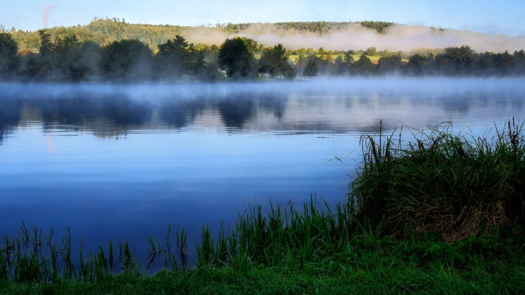 Über einem breiten See im Naturpark Altmühltal, an dessen Ufer viele Bäume stehen, lichtet sich der Morgennebel.