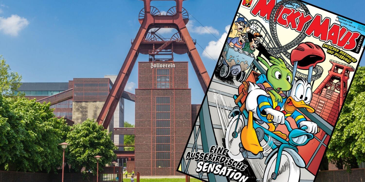 Der große Doppelbock-Förderturm der Zeche Zollverein, dahinter das Hauptgebäude. Vor das Bild wurde das Cover des Micky Maus Magazins gelegt, das Donald Duck auf einem Fahrrad zeigt.