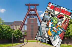 Der große Doppelbock-Förderturm der Zeche Zollverein, dahinter das Hauptgebäude. Vor das Bild wurde das Cover des Micky Maus Magazins gelegt, das Donald Duck auf einem Fahrrad zeigt.
