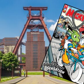 Der große Doppelbock-Förderturm der Zeche Zollverein, dahinter das Hauptgebäude. Vor das Bild wurde das Cover des Micky Maus Magazins gelegt, das Donald Duck auf einem Fahrrad zeigt.