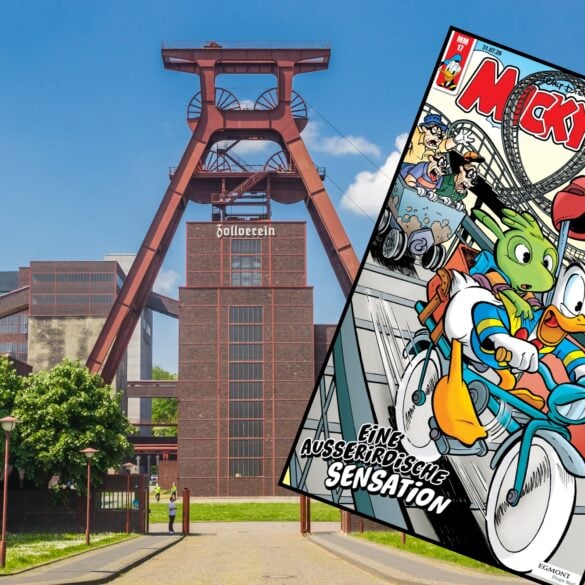 Der große Doppelbock-Förderturm der Zeche Zollverein, dahinter das Hauptgebäude. Vor das Bild wurde das Cover des Micky Maus Magazins gelegt, das Donald Duck auf einem Fahrrad zeigt.