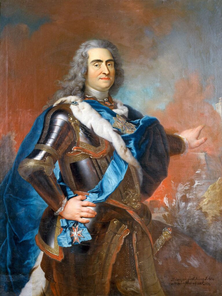 Gemäldeporträt Augusts des Starken in Rüstung, mit blauem Hermelinmantel, weißer Perücke und Ordensstern auf der Brust.