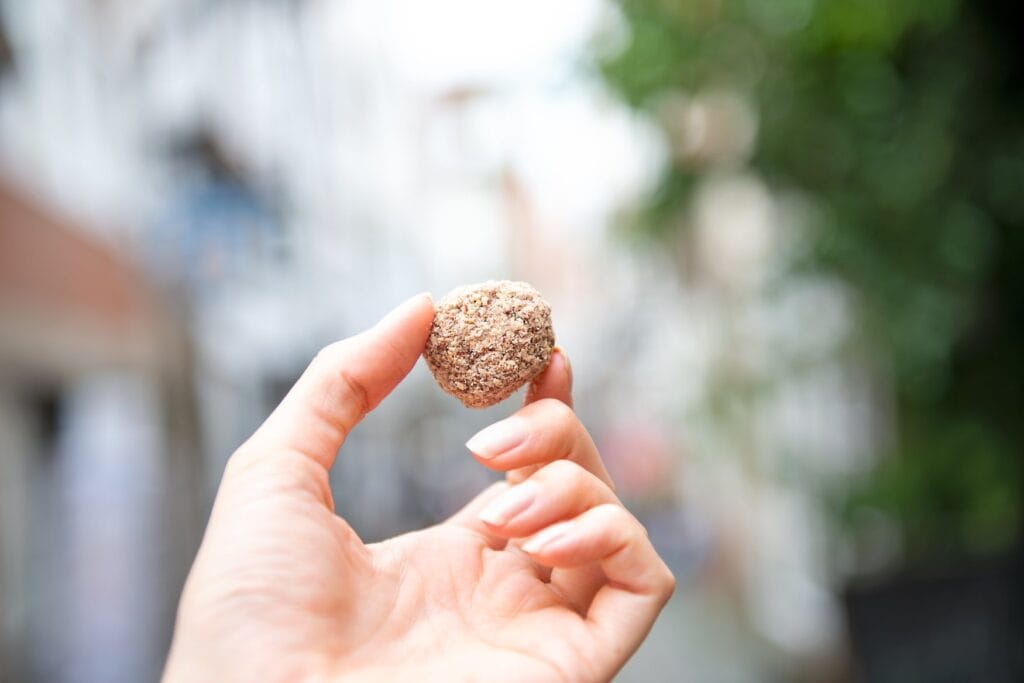 A hand holding a Schnoorkuller, a nut-coated sweet, against the blurred backdrop of a lane in the Schnoor quarter.