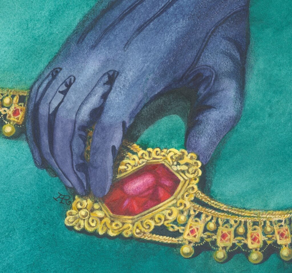 Cover für "Das indische Kleinod"; eine Hand im Handschuh greift nach einem goldenen Diadem mit eingesetztem Rubin
