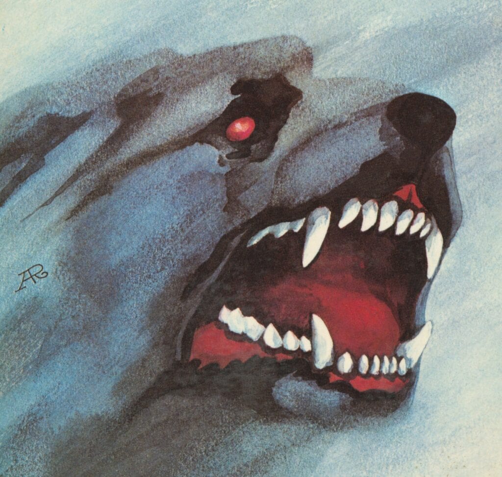 Cover von "Der Hund von Baskerville"; ein grauer Hund mit rot leuchtenden Augen fletscht die Zähne