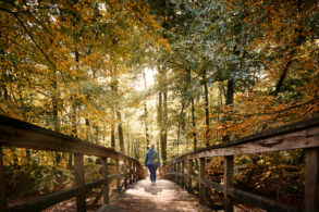 Frau spaziert im Bagno Park in Steinfurt. Der Herbst zeigt sich, buntes Laub zieht die Wälder entlang für Herbstausflüge im Münsterland.