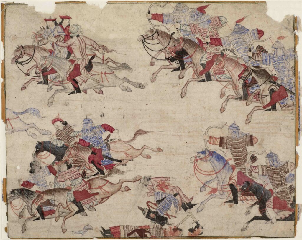 Buchmalerei mit gepanzerten mongolischen Reitern. Auf dem vergilbten Blatt kämpfen und fliehen Gruppen von Bogenschützen zu Pferd, gezeichnet in Rot, Blau und Braun.
