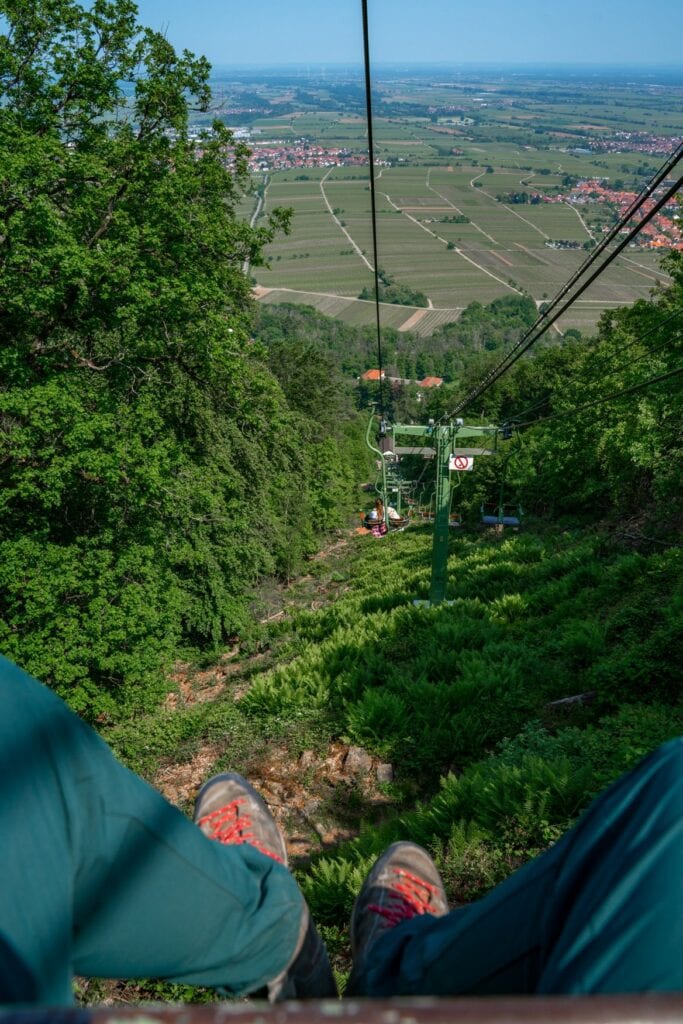 Blick aus einem Sessel der Rietburgbahn nach unten: Im Vordergrund die ausgestreckten Beine einer sitzenden Person mit Wanderschuhen, darunter ein farnbewachsener Hang und eine grüne Stütze der Bahn. Im Gegenverkehr fährt ein besetzter Sessel bergauf, dahinter öffnet sich der Blick auf Weinberge, Ortschaften und die Rheinebene.