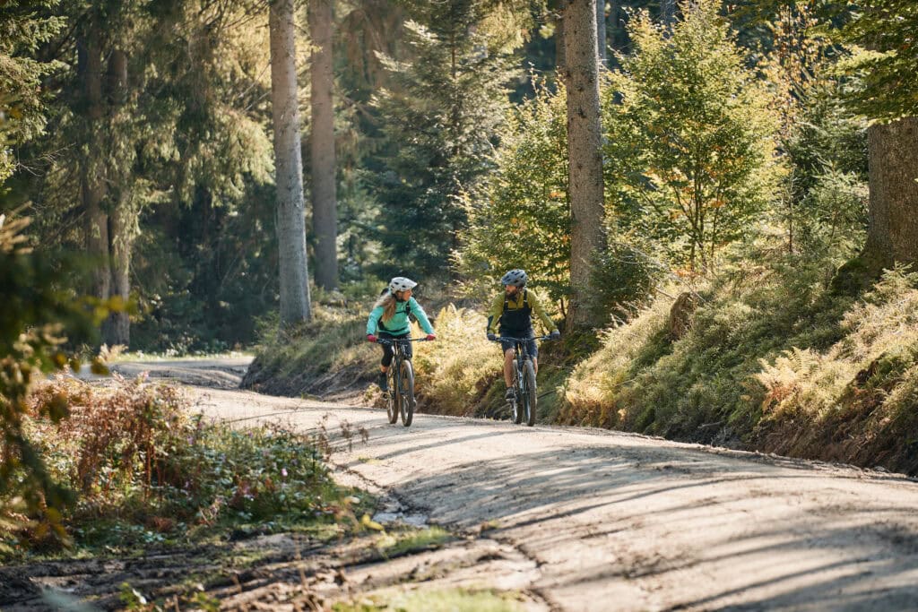 Zwei Personen auf Mountainbikes fahren die Trans Bayerwald Route im Bayerischen Wald.