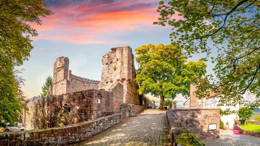 A cobbled lane leads up to the sandstone ruins of Dilsberg castle, with a crenellated round tower on the left and a broken keep in the centre. Leafy branches frame the view, the evening sky above is streaked with pink.