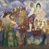 Hermen Anglada Camarasa, „Bauern von Gandia”, 1909: Zwei reich geschirrte Pferde stehen vor violettem Wolkenhimmel, auf dem rechten sitzt eine Frau in weißem Kleid mit Goldkrone. Ringsum stehen Figuren in bestickten Gewändern, zwei halten blau-weiße Krüge empor.