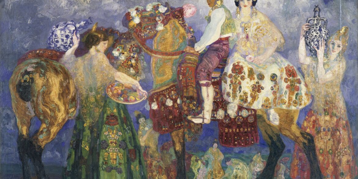 Hermen Anglada Camarasa, „Bauern von Gandia”, 1909: Zwei reich geschirrte Pferde stehen vor violettem Wolkenhimmel, auf dem rechten sitzt eine Frau in weißem Kleid mit Goldkrone. Ringsum stehen Figuren in bestickten Gewändern, zwei halten blau-weiße Krüge empor.