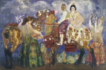 Hermen Anglada Camarasa, „Bauern von Gandia”, 1909: Zwei reich geschirrte Pferde stehen vor violettem Wolkenhimmel, auf dem rechten sitzt eine Frau in weißem Kleid mit Goldkrone. Ringsum stehen Figuren in bestickten Gewändern, zwei halten blau-weiße Krüge empor.