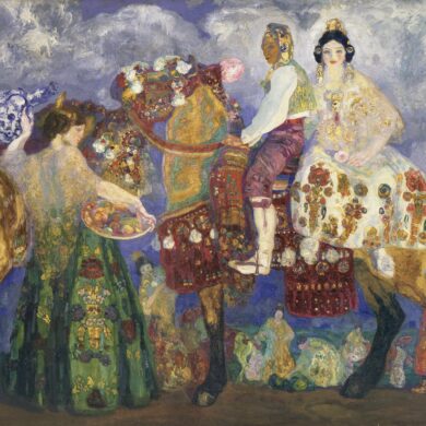 Hermen Anglada Camarasa, „Bauern von Gandia”, 1909: Zwei reich geschirrte Pferde stehen vor violettem Wolkenhimmel, auf dem rechten sitzt eine Frau in weißem Kleid mit Goldkrone. Ringsum stehen Figuren in bestickten Gewändern, zwei halten blau-weiße Krüge empor.
