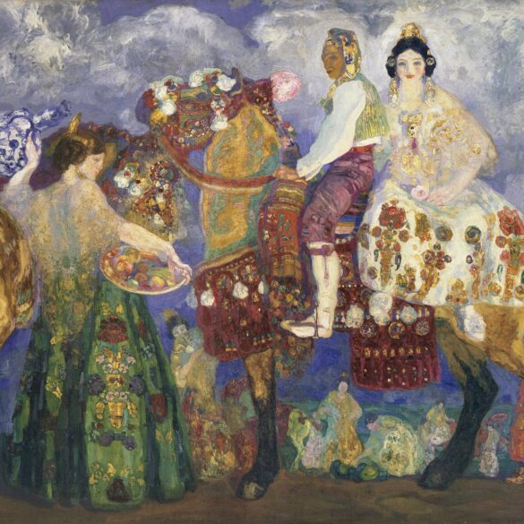 Hermen Anglada Camarasa, „Bauern von Gandia”, 1909: Zwei reich geschirrte Pferde stehen vor violettem Wolkenhimmel, auf dem rechten sitzt eine Frau in weißem Kleid mit Goldkrone. Ringsum stehen Figuren in bestickten Gewändern, zwei halten blau-weiße Krüge empor.