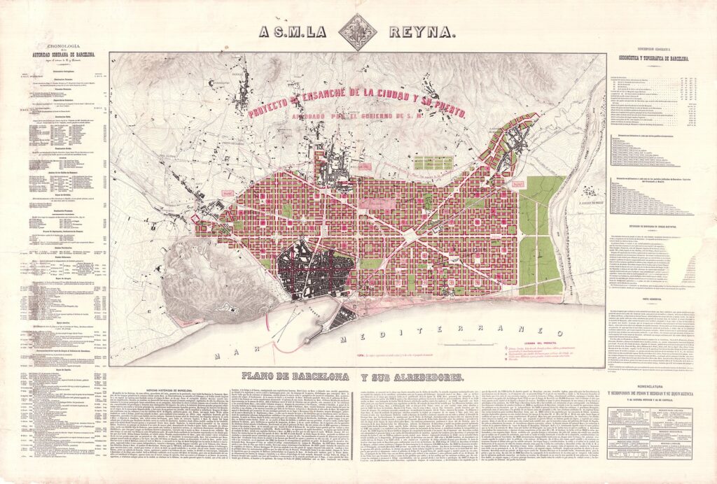 Ildefons Cerdà, „Entwurf für die Stadterweiterung von Barcelona”, 1860: Ein kolorierter Stadtplan, auf dem das rosa gerasterte Schachbrett des Eixample die dunkel gezeichnete Altstadt umschließt und bis ans Meer reicht. Seitlich und unten stehen Spalten mit Chronologie und erläuterndem Text.