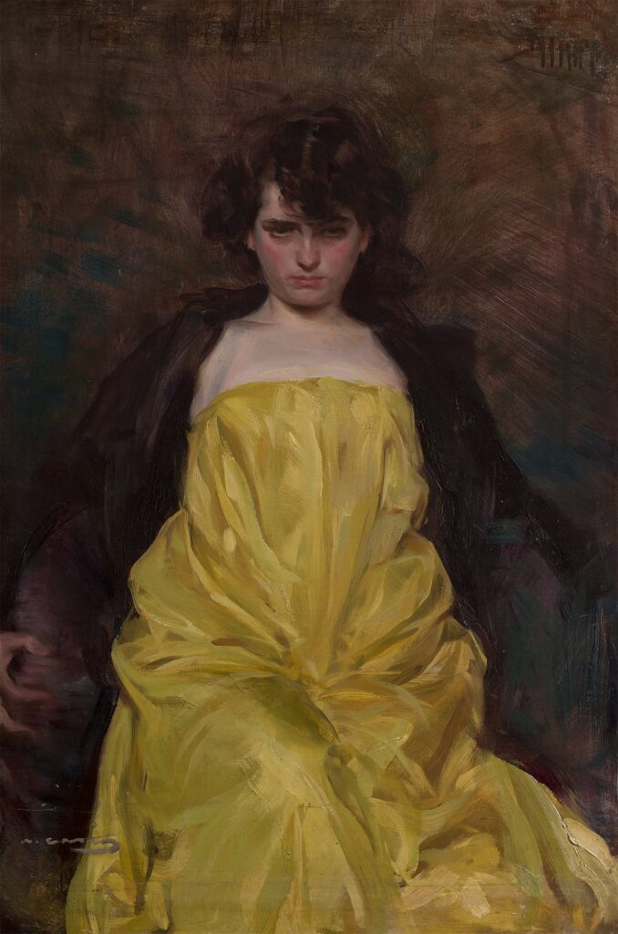 Ramon Casas, „Die Sargantain”, 1907: Eine junge Frau mit dunklem, aufgestecktem Haar sitzt in einem schulterfreien gelben Kleid vor braunem Grund und blickt gesenkt zur Seite.